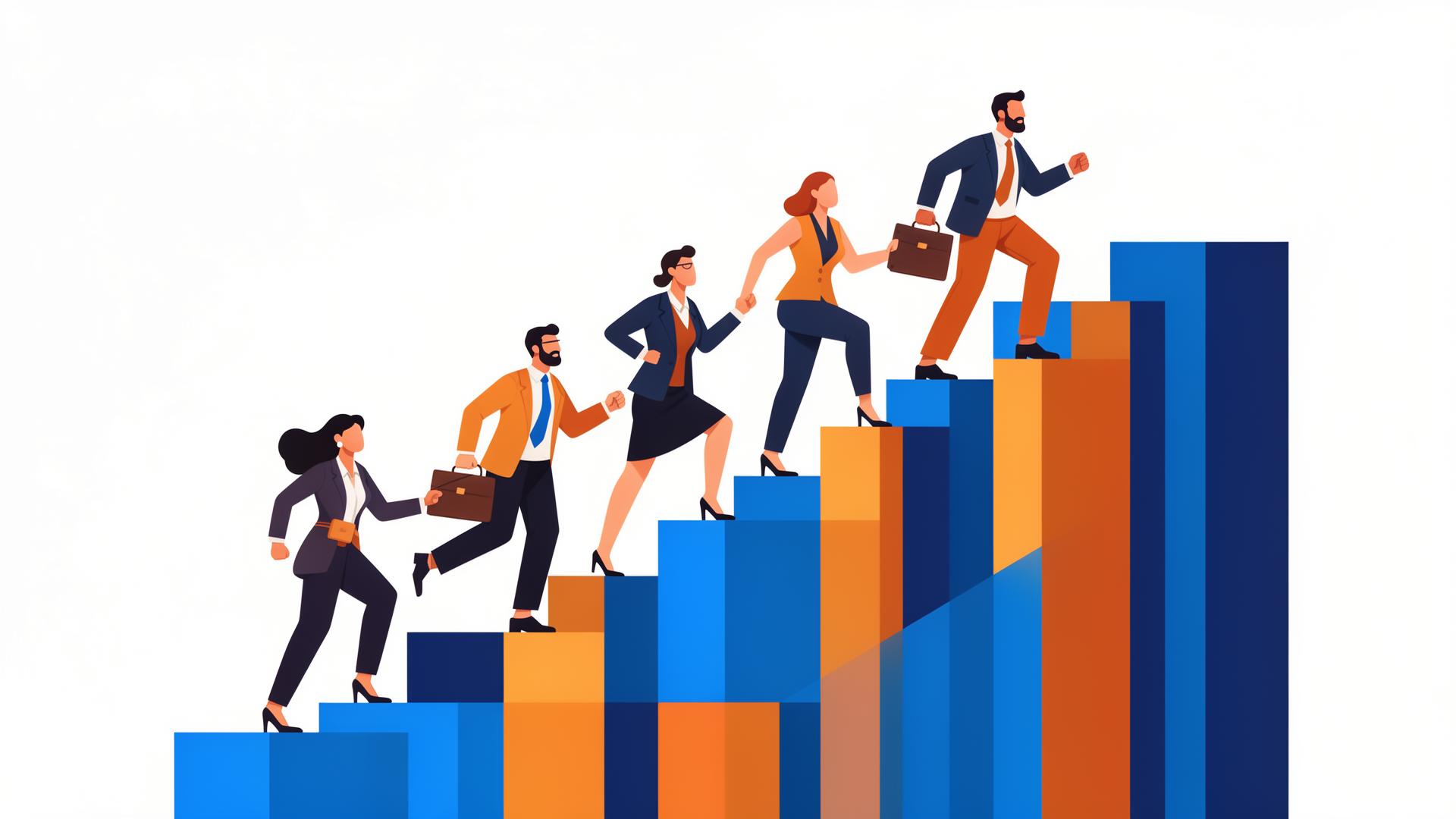 Diverse professionals climbing career growth steps